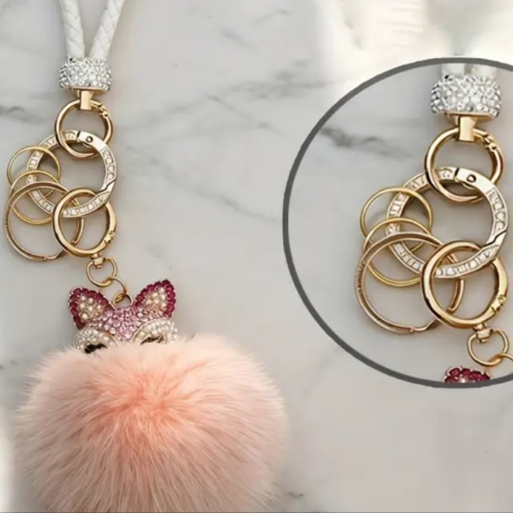 Betsey Johnson Fan Pink Fox Fur Keychain with Rhinestones, New